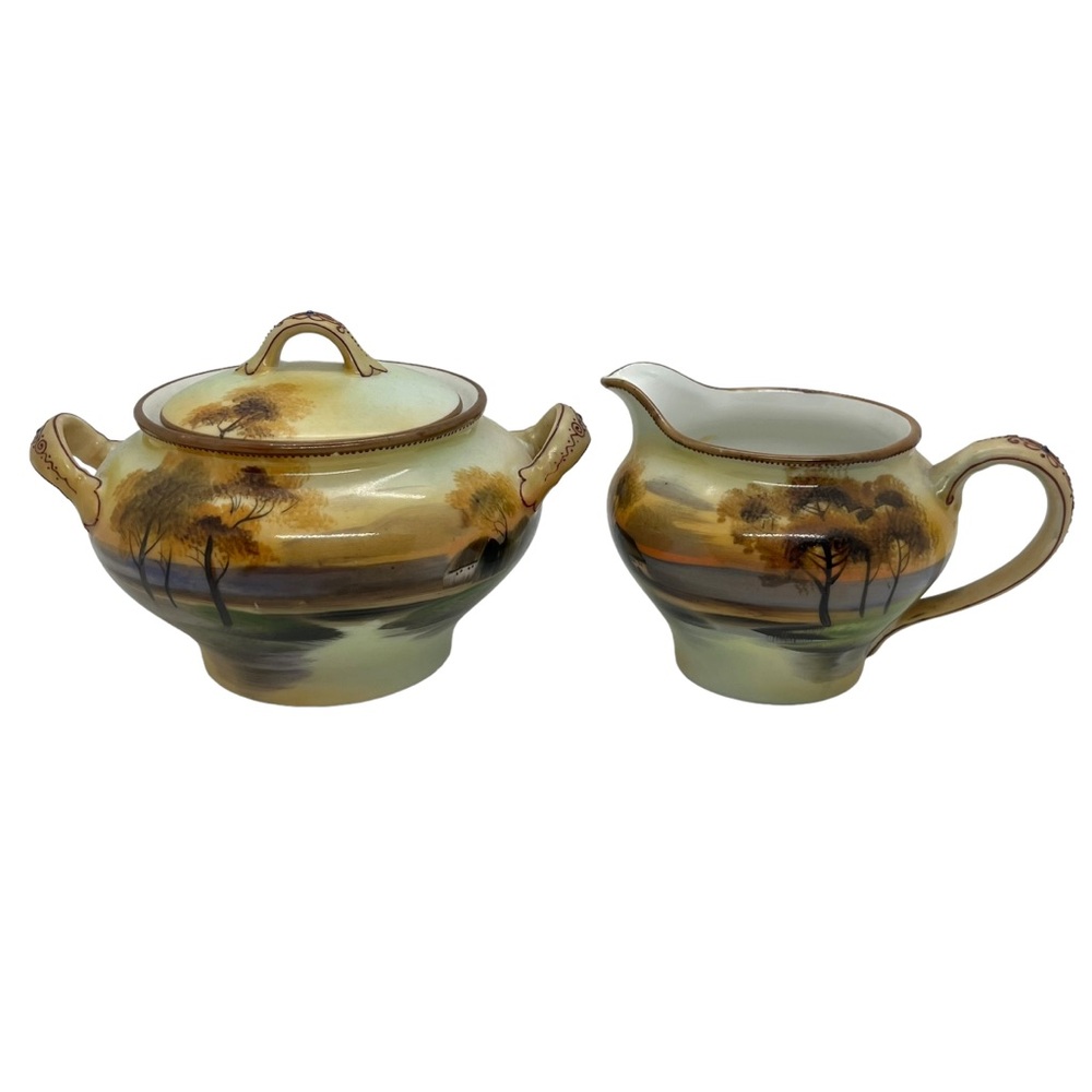Vintage Noritake Hand Painted Landscape Creamer and Covered Sugar